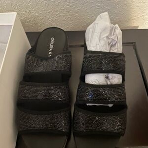 Chelsea & Violet Glittery Black Slide Sandals